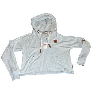 Wanakome Etta Split Neck Hoodie Sky Blue Large NWT Cropped Rope Drawstring